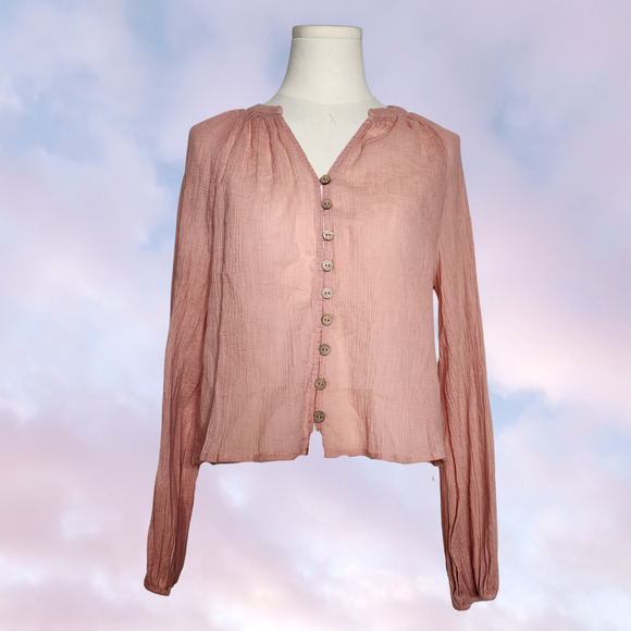 NWT Free People Coral Button Up Crepe Lightweight Semi Sheer Long Sleeve Sz XS - Picture 1 of 7